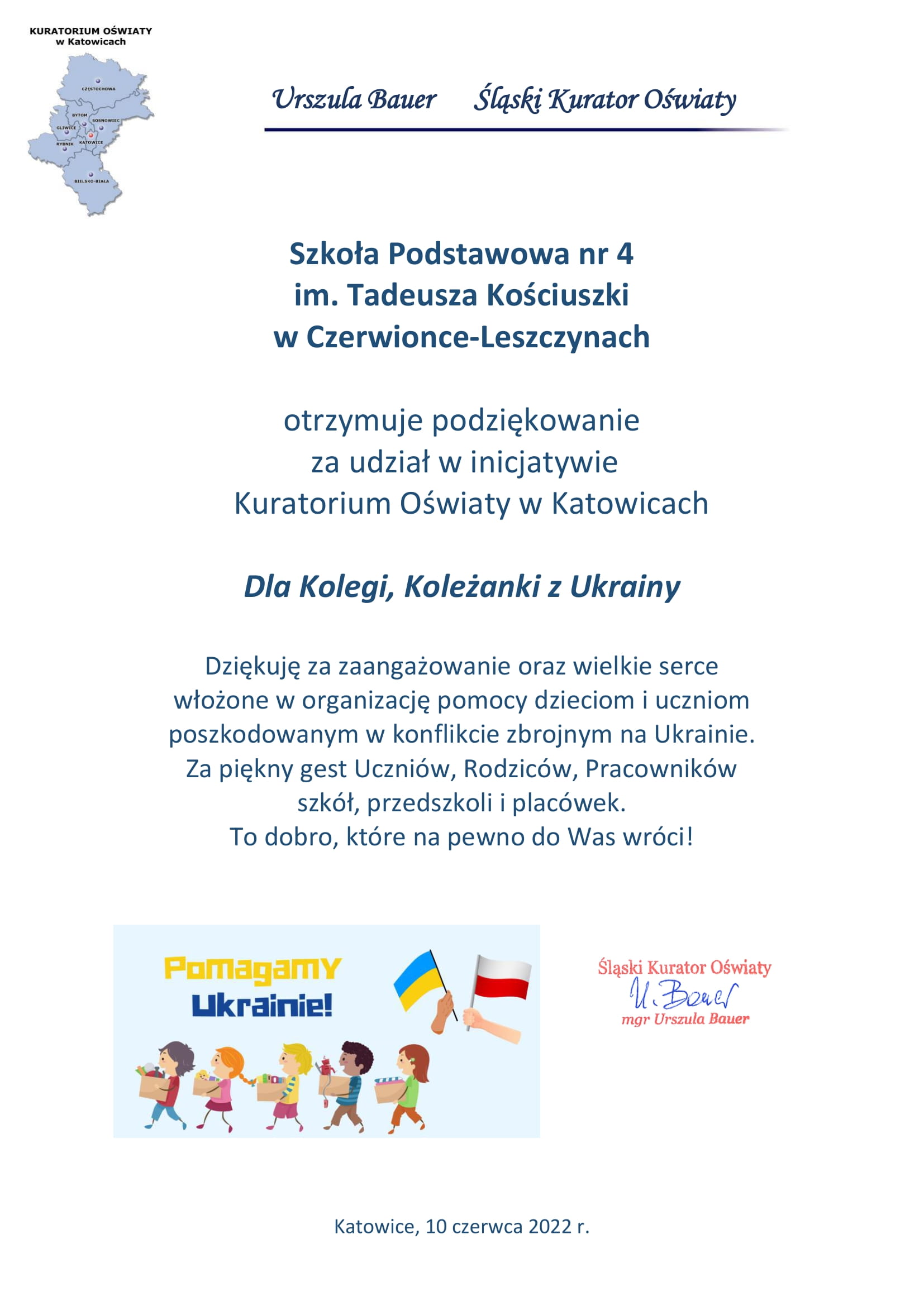 Podziękowanie Kuratora Oświaty